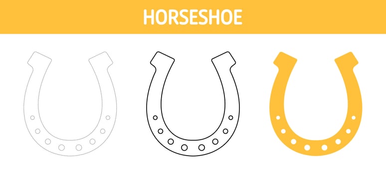 Horseshoe tracing and coloring worksheet for kids vector