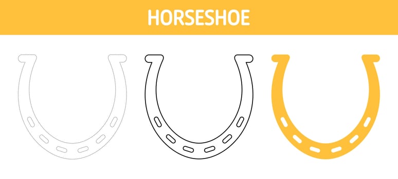 Horseshoe tracing and coloring worksheet for kids vector