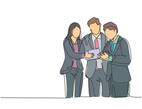 Single continuous line drawing of standing young male and female manager discussing company strategy to increase sales. Business marketing concept one line graphic draw design vector illustration