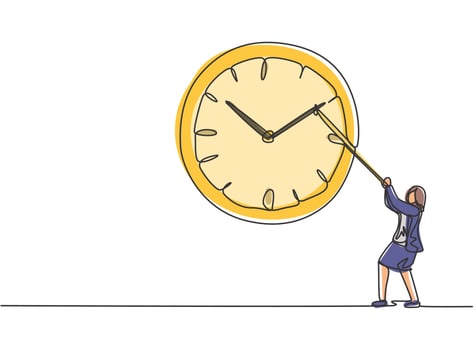 Single one line drawing of young business woman pulling clockwise of big analog wall clock with rope. Time management minimalist concept. Continuous line draw design graphic vector illustration.
