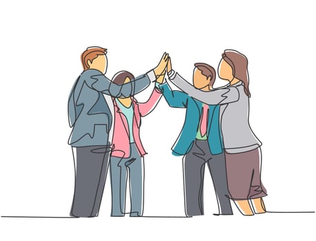 One line drawing of young businessmen and businesswomen celebrating their successive goal at the business meeting with high five gesture. Business deal concept continuous line draw design illustration vector