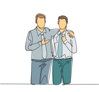 One single line drawing of young happy businessmen hugging each other to show support when meeting at the office. Business friendship concept continuous line draw design graphic vector illustration
