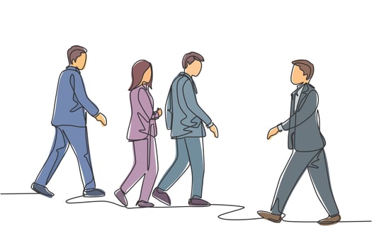One single line drawing of young businessmen and businesswoman walking together on city street to go to the office. Urban commuter workers concept continuous line draw design vector illustration