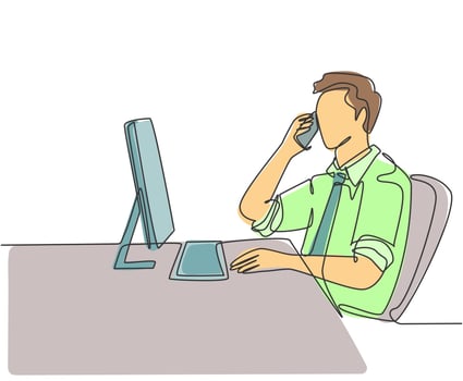 One single line drawing of young male company director giving short brief through phone call to his team member from the office. Business talk concept continuous line draw design vector illustration