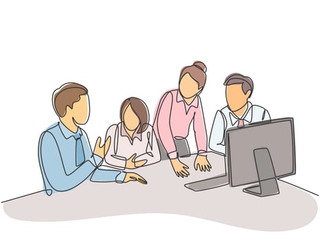 One single line drawing of young happy male and female business owner do conference about work together with computer monitor. Business collaboration concept continuous line draw vector illustration