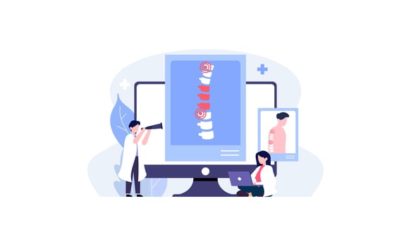 Tiny doctors examining spine bones of patient illustration. Health, treatment, osteopathy, anatomy concept vector