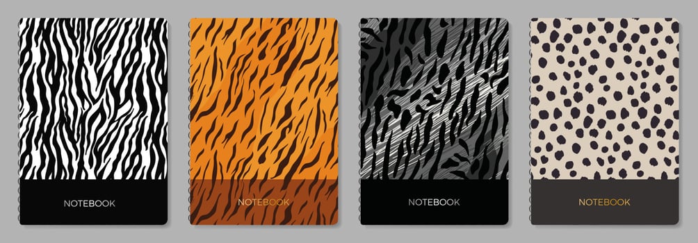 Cover page templates. Vector Animals skin prints. Applicable for notebooks, planners, brochures, books, catalogs etc. Seamless patterns, easy to re-size.