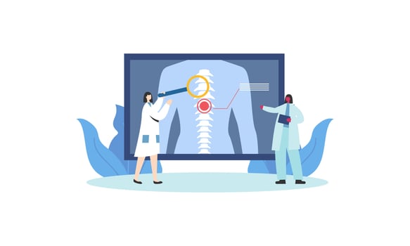 Tiny doctors examining spine bones of patient illustration. Health, treatment, osteopathy, anatomy concept vector