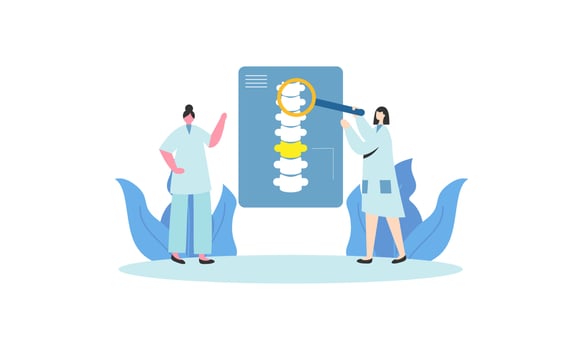Tiny doctors examining spine bones of patient illustration. Health, treatment, osteopathy, anatomy concept vector