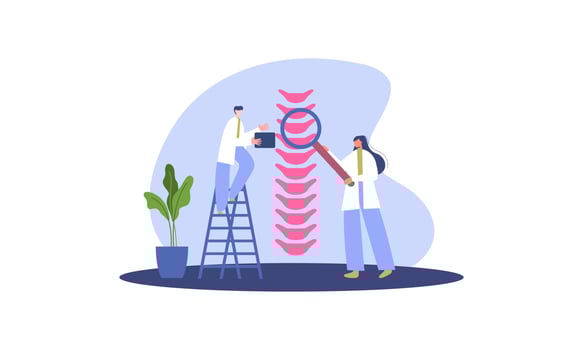 Tiny doctors examining spine bones of patient illustration. Health, treatment, osteopathy, anatomy concept vector
