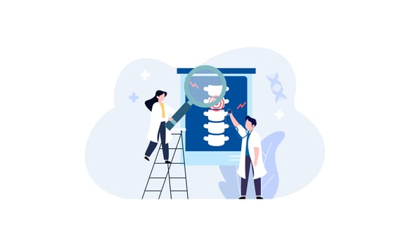 Tiny doctors examining spine bones of patient illustration. Health, treatment, osteopathy, anatomy concept vector