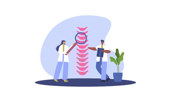 Tiny doctors examining spine bones of patient illustration. Health, treatment, osteopathy, anatomy concept vector