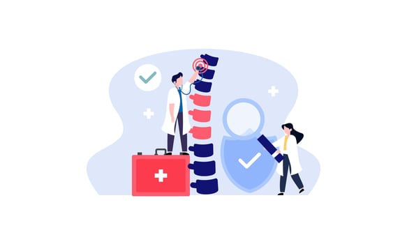 Tiny doctors examining spine bones of patient illustration. Health, treatment, osteopathy, anatomy concept vector