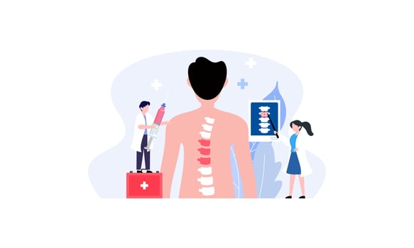 Tiny doctors examining spine bones of patient illustration. Health, treatment, osteopathy, anatomy concept vector