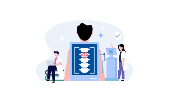 Tiny doctors examining spine bones of patient illustration. Health, treatment, osteopathy, anatomy concept vector