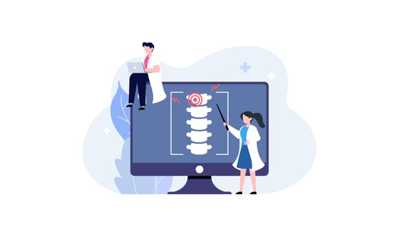 Tiny doctors examining spine bones of patient illustration. Health, treatment, osteopathy, anatomy concept vector