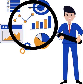 businessman doing infographic data analysis. business predictions. businessman holding magnifying glass png
