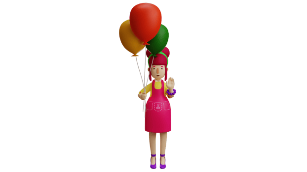 3D illustration. Hardworking Woman 3D Cartoon Character. Diligent woman is carrying of balloons. Waiter selling colorful balloons. Beautiful mother brings balloons to her child. 3D Cartoon Character png