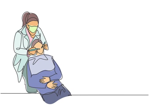 One single line drawing of young female dentist examining patient teeth and do tooth filling at dental clinic. Mouth health care treatment concept continuous line draw design vector illustration