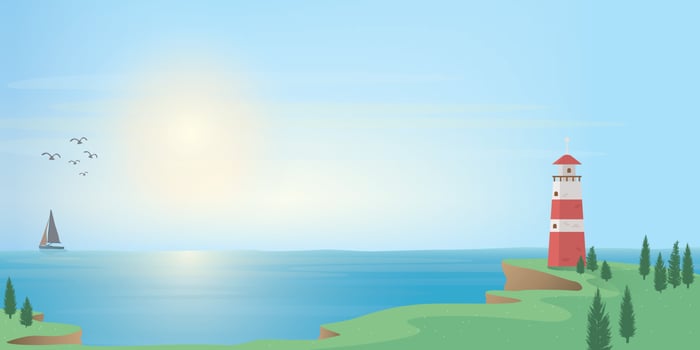 Lighthouse on seashore flat design illustration with yacht at skyline. Island pharos, light house, seascape, signal building on seaside have sailboat in the sea. Coastline landscape with beacon. vector