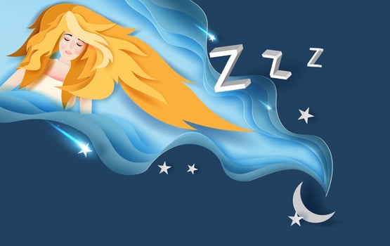 3d paper art of Beautiful girl with long yellow hair wear sweet dream sleeping at night.Paper craft and cut creative design Abstract curve wave blue background.creative design star and moon,vector vector