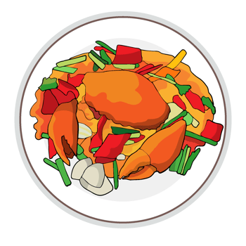 Stir fried crab with curry powder, crab garlic and celery with season with oyster sauce, curry powder, chili powder, and chili paste. Add sliced onions, bell peppers. png