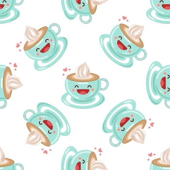 Cute cup of coffee with cream seamless pattern. Vector illustration. Food icon concept. Flat cartoon style.