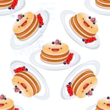 Cute pancakes seamless pattern. Vector illustration. Food icon concept. Flat cartoon style.