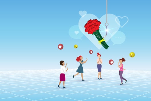 Romance scam, online dating phishing scam. Red roses bouquet with phishing hook on victim woman for fraud chatting. Cyber crime and threat on woman. vector