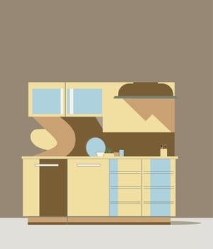 kitchen with front view furniture in brown tones. 2d flat image room interior vector