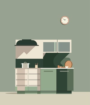 green kitchen with front view furniture. 2d flat image room interior vector