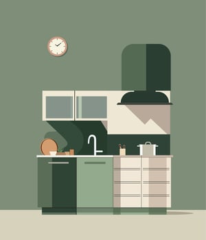 green kitchen with front view furniture. 2d flat image room interior vector