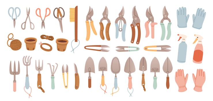 Big set of gardening items in hand drawn style. Agricultural and garden tools for spring work. Vector isolated on white