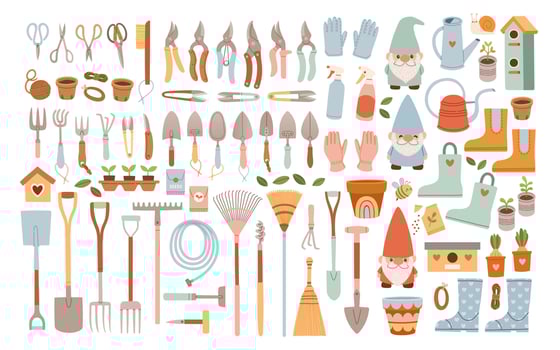 Big set of gardening items in hand drawn style. Agricultural and garden tools for spring work. Vector isolated on white