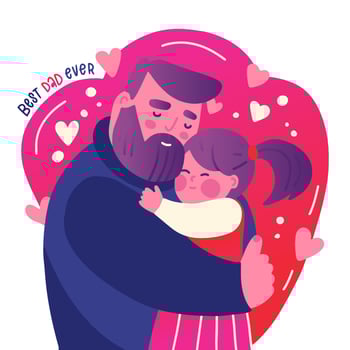 Greeting card for Happy Father s day of smiling bearded father embracing his daughter with love. Cute family scene concept. Vector flat hand drawn illustration.