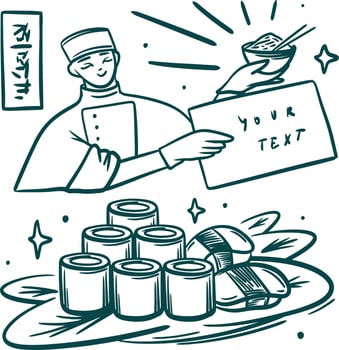 Asian food Collection clip art. Chef holding ramen and sushi set illustration vector