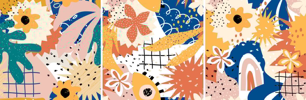 Collection of fashionable abstract seamless patterns with natural colorful shapes, spots, flowers and rainbow. Modern exotic design for paper, fabric, interior decor and more vector