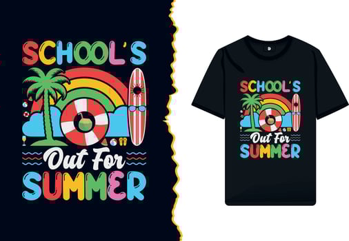 Schools out for summer vacation t-shirt design. Summer break shirt vector template with colorful illustration.