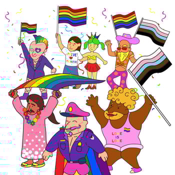 LGBT community. Banner with a group of people participating in a Pride parade. Doodle vector background with gay, lesbian, transgender, and bisexual.