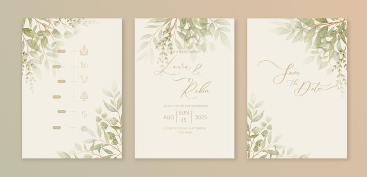 Luxury wedding invitation card background with green watercolor botanical leaves. Abstract floral art background vector design for wedding and vip cover template.