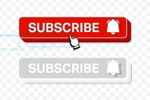 Subscribe, bell button. Red button subscribe to channel, blog. Social media button graphic interface. Marketing. Vector illustration.