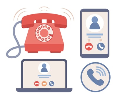 Phone call icon. Incoming call on smartphone and laptop screen. Old red vintage telephone sign. Online video call. Vector flat illustration