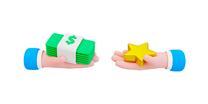 3d minimal bribe and corruption concept. receiving a venality bribe money. customer satisfaction. hand holding banknotes and hand holding a star. 3d illustration. png