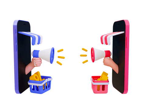 3d minimal marketing strategy. Online marketing competition. Business competitor. Customer attraction. Hand holding a megaphone out of storefront smartphone yell at each other. 3d illustration. png
