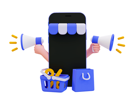 3d minimal marketing strategy. Discount promotions. Special discount offer. Customer attraction concept. Hand holding a megaphone beside the storefront smartphone. 3d illustration. png