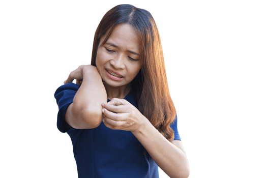 Woman scratching arm from itching on light gray background. Cause of itchy skin include insect bitesConcept of health care skin. png
