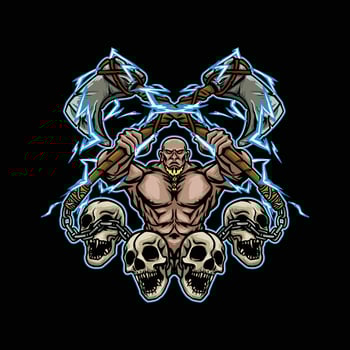 Muscular viking nordic holding axe wraped in thunder with 4 skull around him. streetwear design band merch or tshirt design. vector