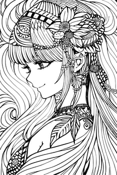 A beautiful girl, featuring decorations and costumes, doodle, coloring book. Vector illustration