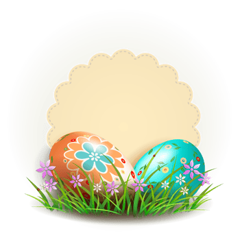 Design element with Easter eggs and grass, flowers and round frame. png