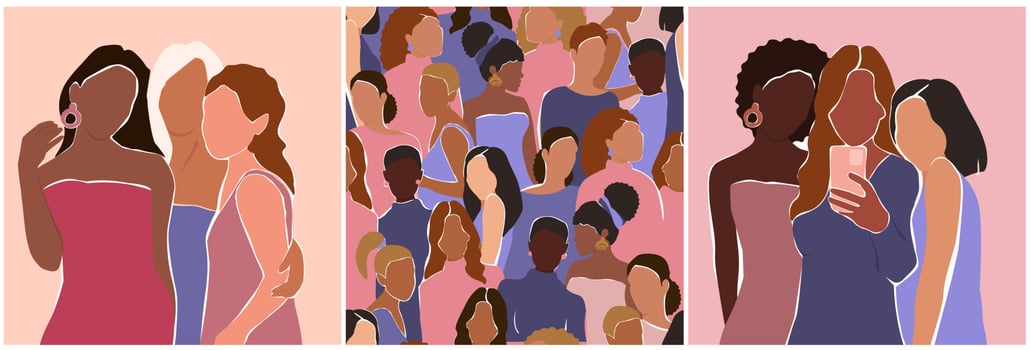 A set of abstract posters with different women. Beautiful females together are a force. Vector graphics for postcards, flyers.